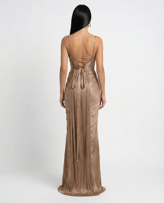 Stella - Pleated Corset Maxi Dress in Gold - product view 2 - Sela Look