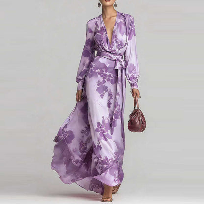 Floral Maxi Dress | Women's Chiffon V-Neck Long-Sleeve