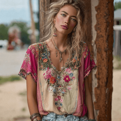 Relaxed Women's Boho V-Neck Short-Sleeve Blouse — product view 1