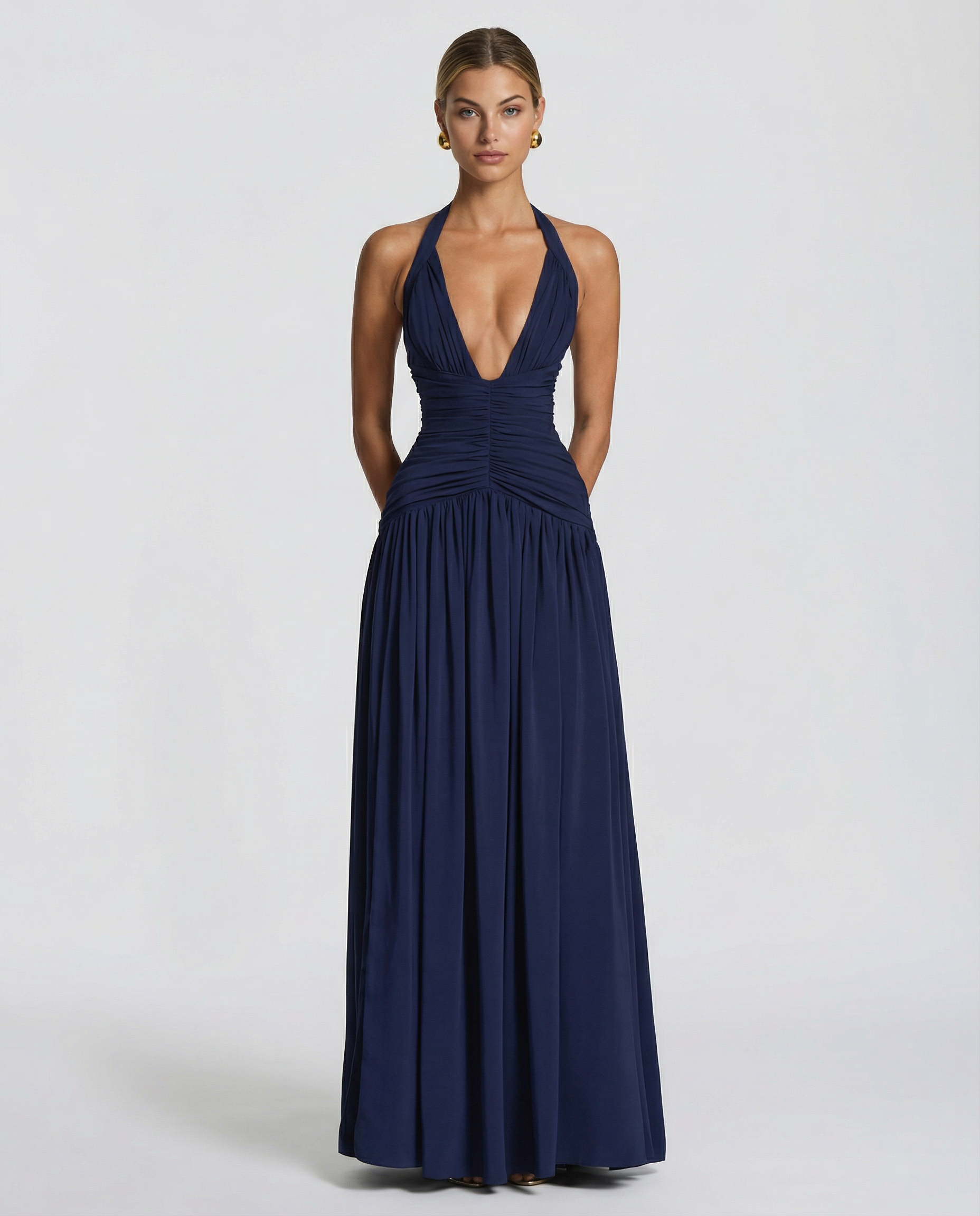 Margaret - Halter-Neck Ruched Maxi Dress - product view 8 - Sela Look