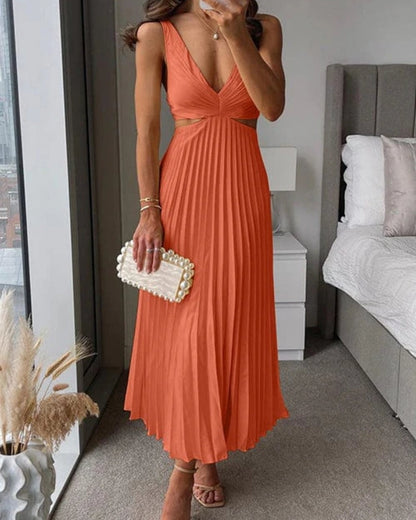 Elegant V-Neck Sleeveless Pleated Wedding Guest Midi Dress — product view 6