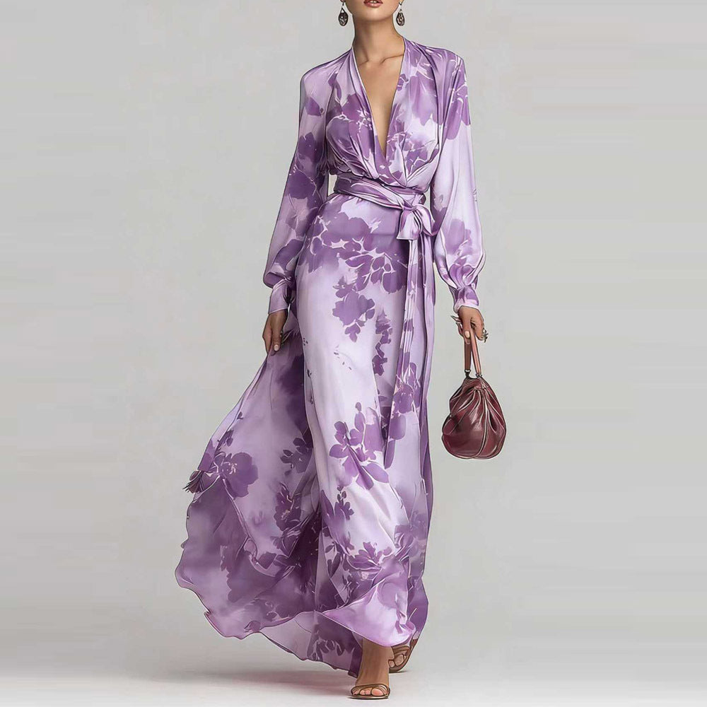 Floral Maxi Dress | Women's Chiffon V-Neck Long-Sleeve