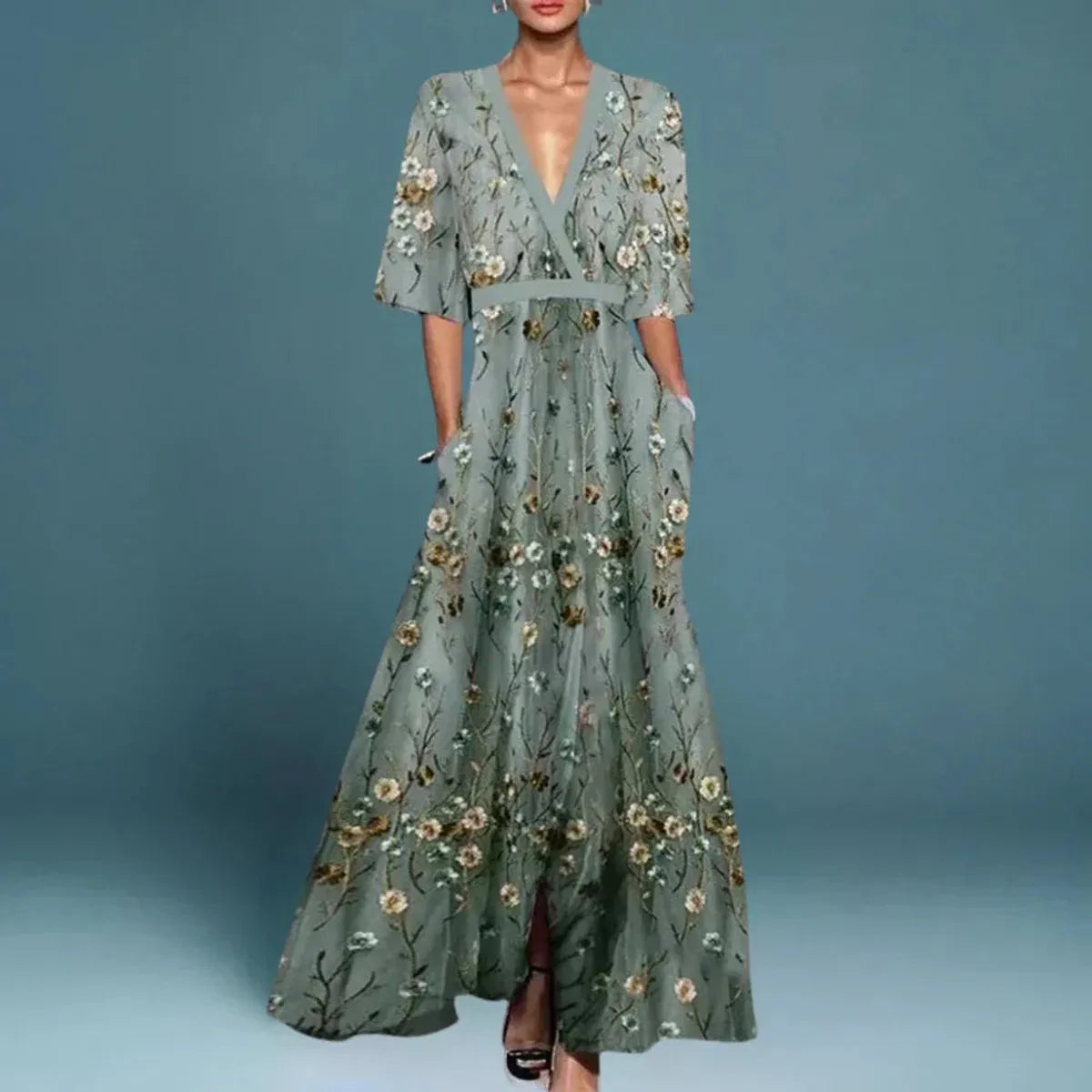 Eleanor | Women's Floral-Embroidered V-Neck Maxi Dress – product image 1