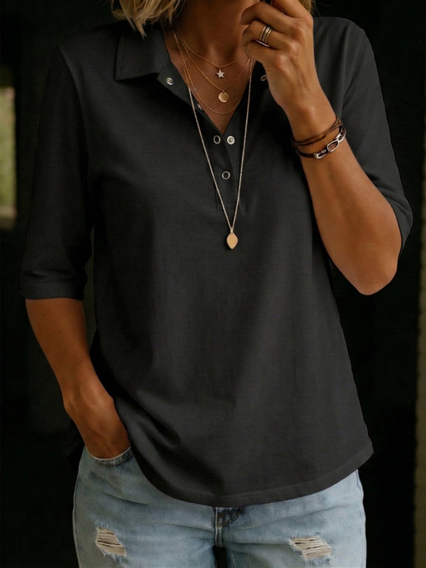 Harlow | Knit Polo V-Neck Top